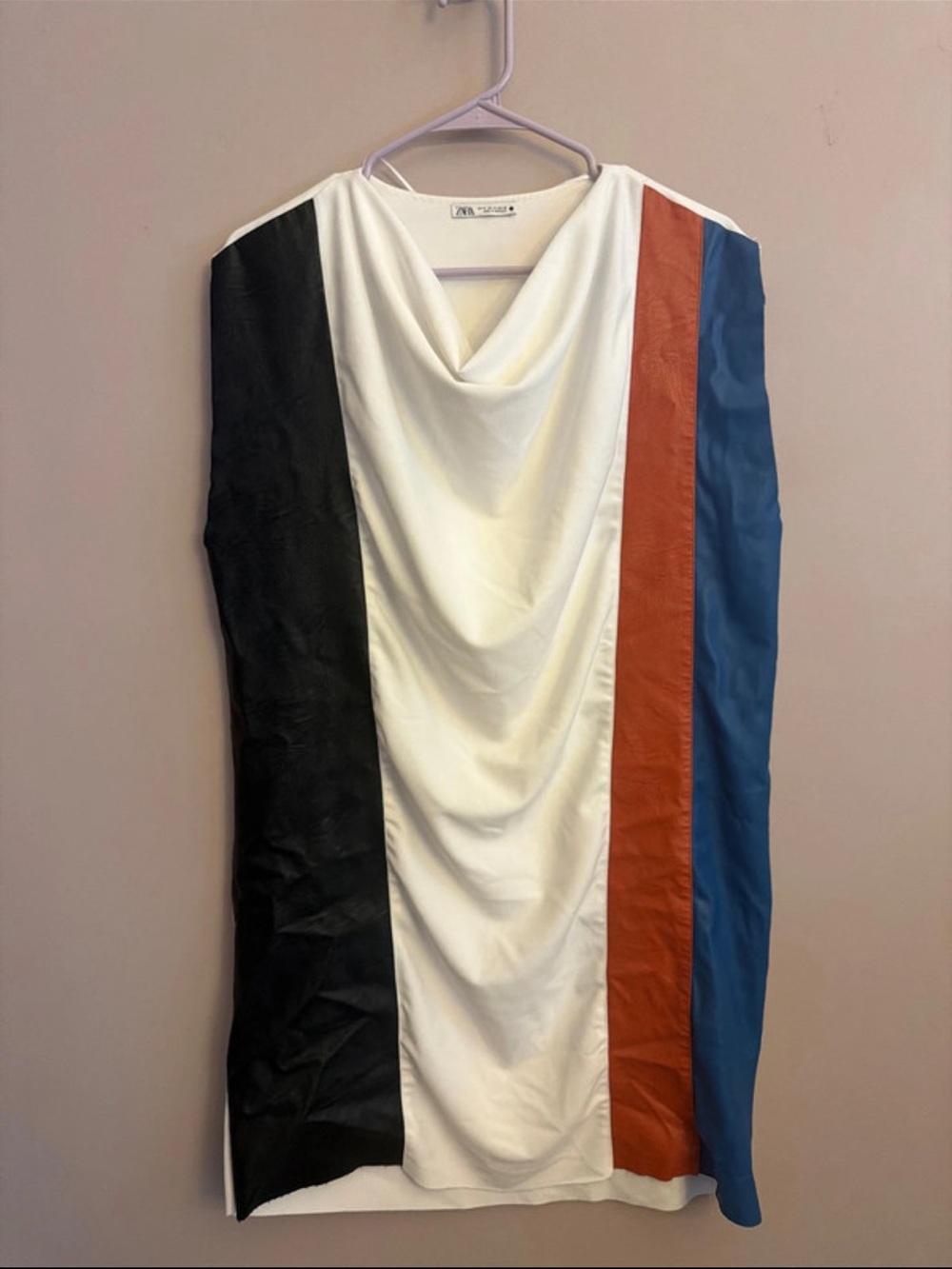Zara Colorblock Sleeveless Draped Shift Dress - White, Black, Rust & Blue